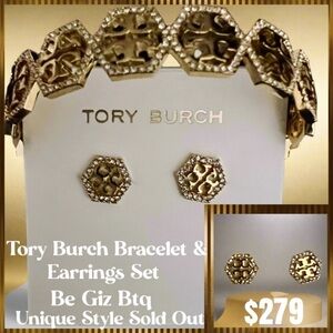 TORY BURCH Hexagon Pave Frozen Logo Bracelet & Hex Stud Earrings Gold & Pavè